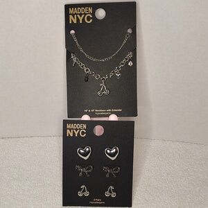 Cherry Charm Necklace & Earring Set - Silver Madden NYC NWT